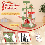Cat play tree with stability features highlighted on a festive background