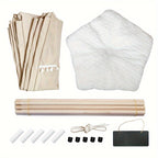 Set of materials for making a DIY screen door kit including fabric, frames, and hardware on a white background.