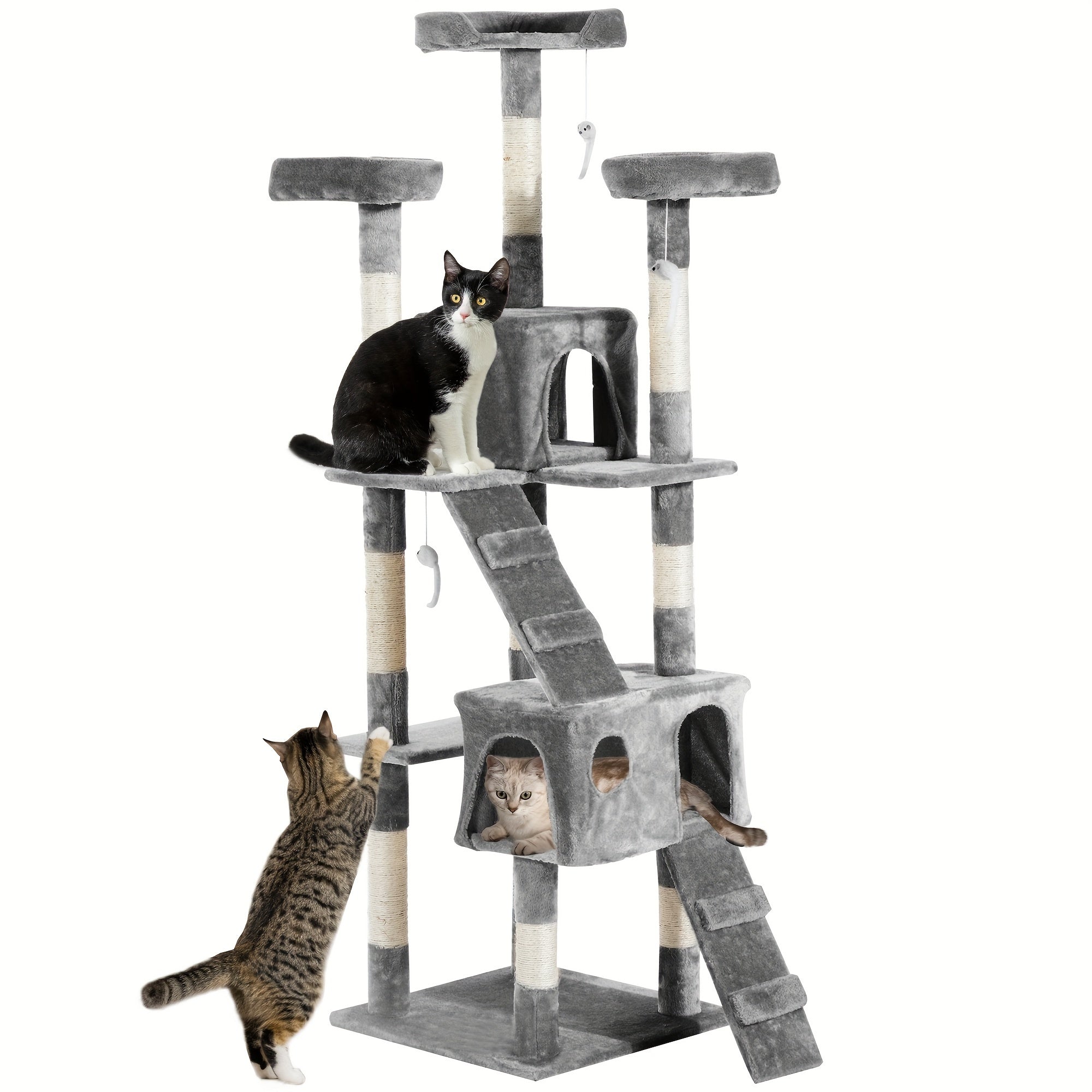 Cat tree with multiple levels and a cat sitting on it against a white background