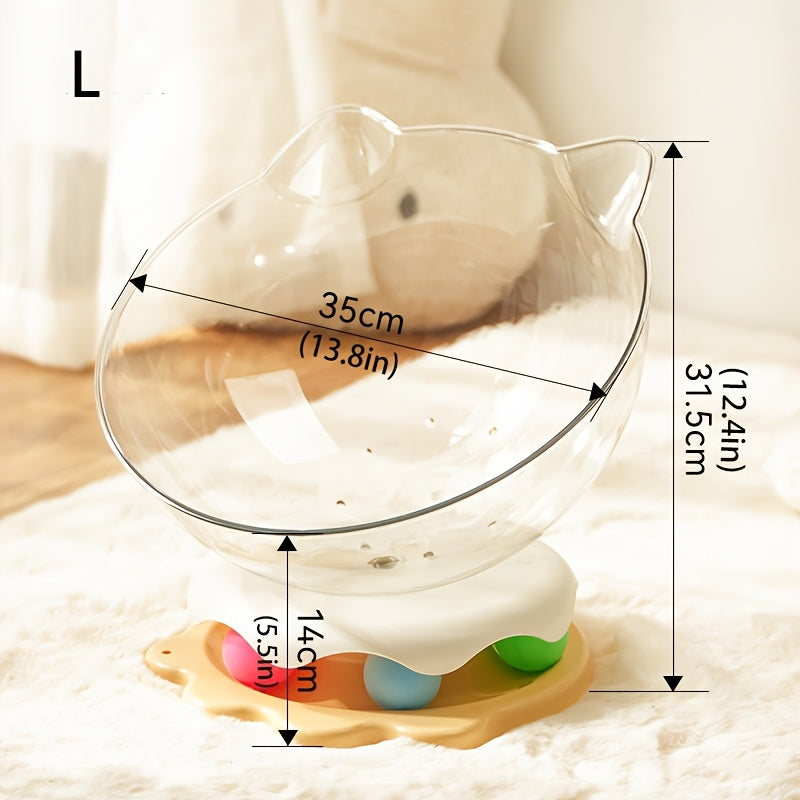 Measurement chart of a transparent cat-shaped object with colorful paws on a soft surface.