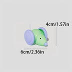 Small green and purple toy mouse with dimensions on a light gray background
