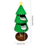 Green cat tree shaped like a Christmas tree with measurements on a white background