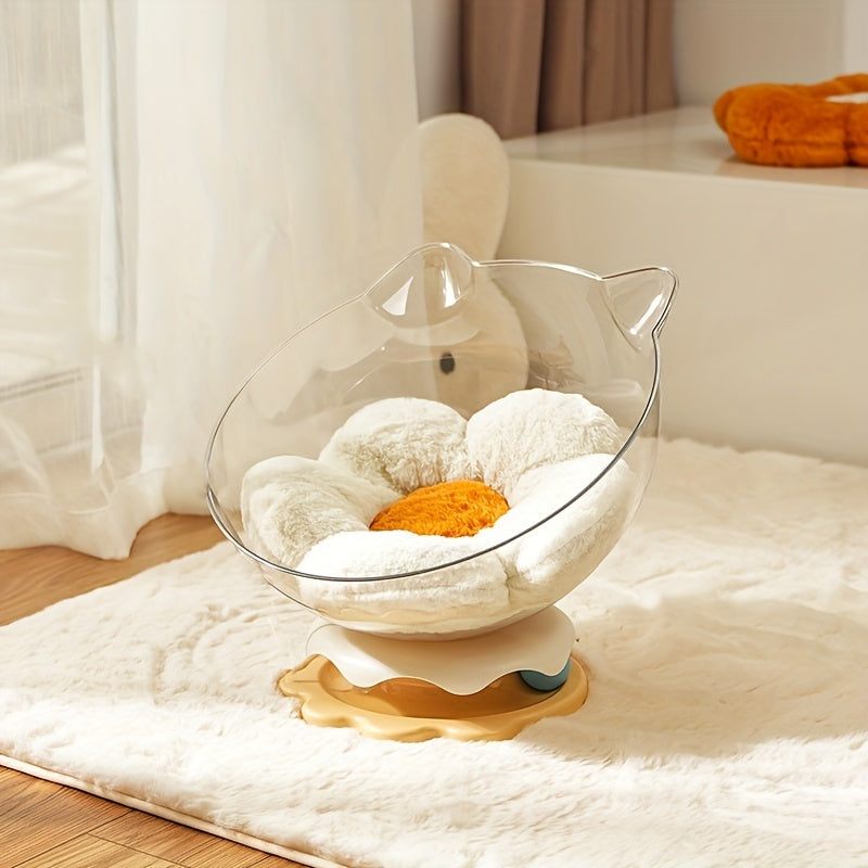Pet bed shaped like a flower with a glass cover on a white surface