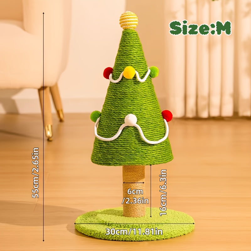 Green cat tree with measurements on a wooden floor