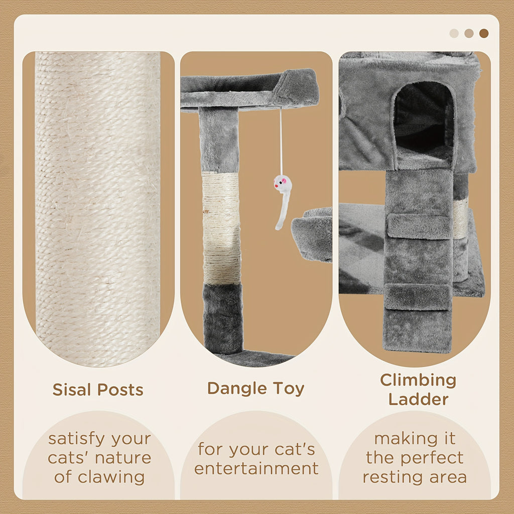 Cat play furniture set with sisal posts, dangle toy, and climbing ladder on a beige background.