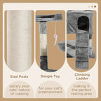 Cat play furniture set with sisal posts, dangle toy, and climbing ladder on a beige background.