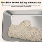 Stainless steel litter box with cat litter on a light background