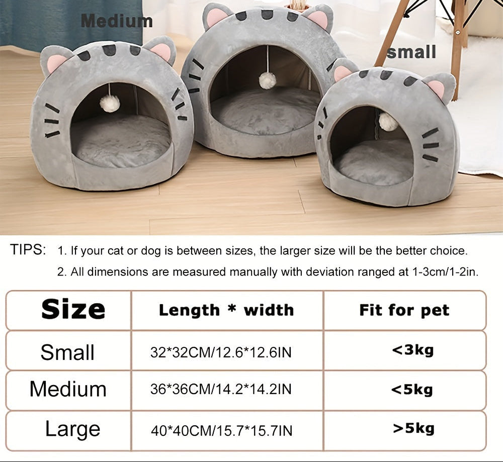 Three gray pet beds with cat ears on a wooden floor, labeled small, medium, and large.