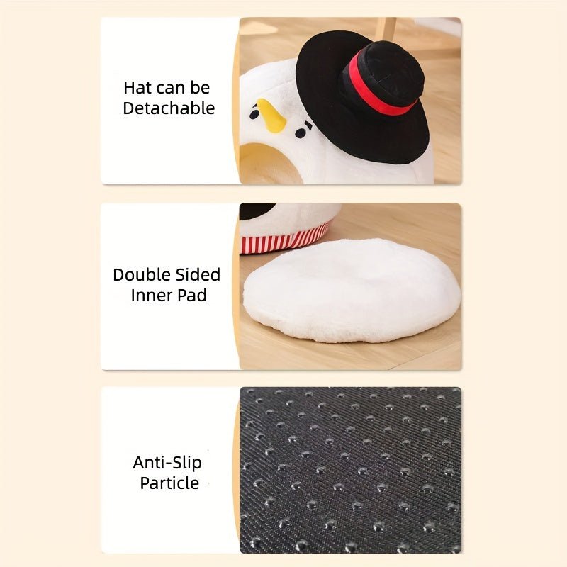 Snowman-shaped product with detachable hat, double-sided inner pad, and anti-slip particle feature on a beige background.
