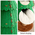 Green felt dress with red stitching on a mannequin, close-up view.