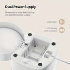 Dual power supply device with USB cable and 3D battery on a light beige background