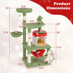 Green cat tree with dimensions labeled on a white and red background