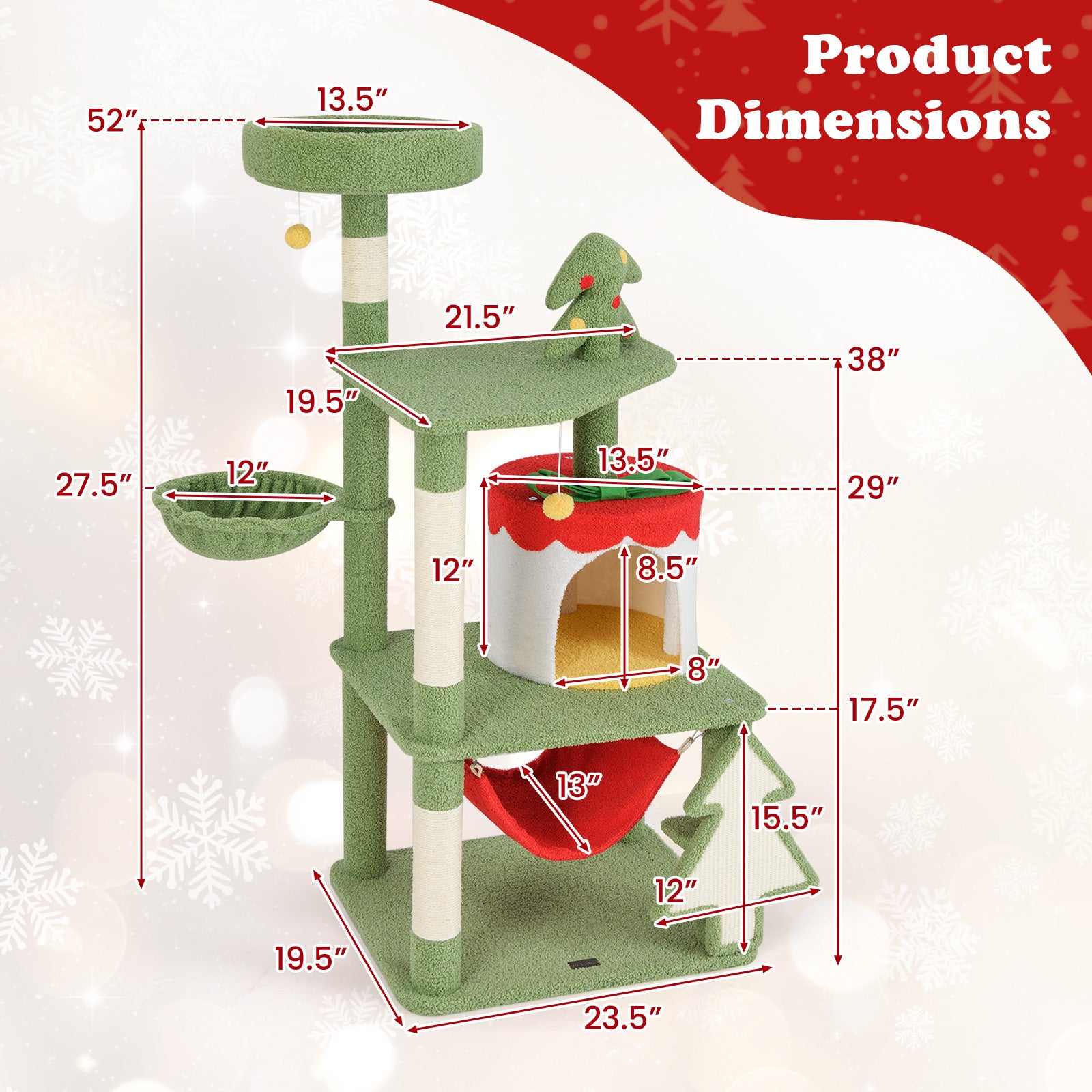Green cat tree with dimensions labeled on a white and red background