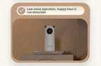 Small electronic device with a label indicating 'Low noise operation, happy hour is not disturbed' on a beige background.