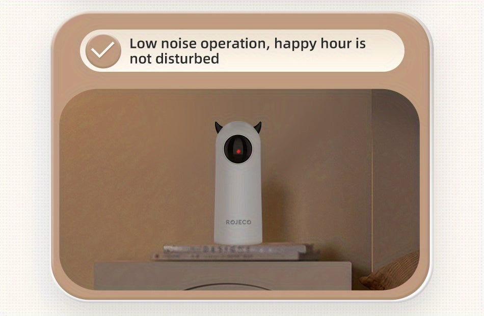 Small electronic device with a label indicating 'Low noise operation, happy hour is not disturbed' on a beige background.