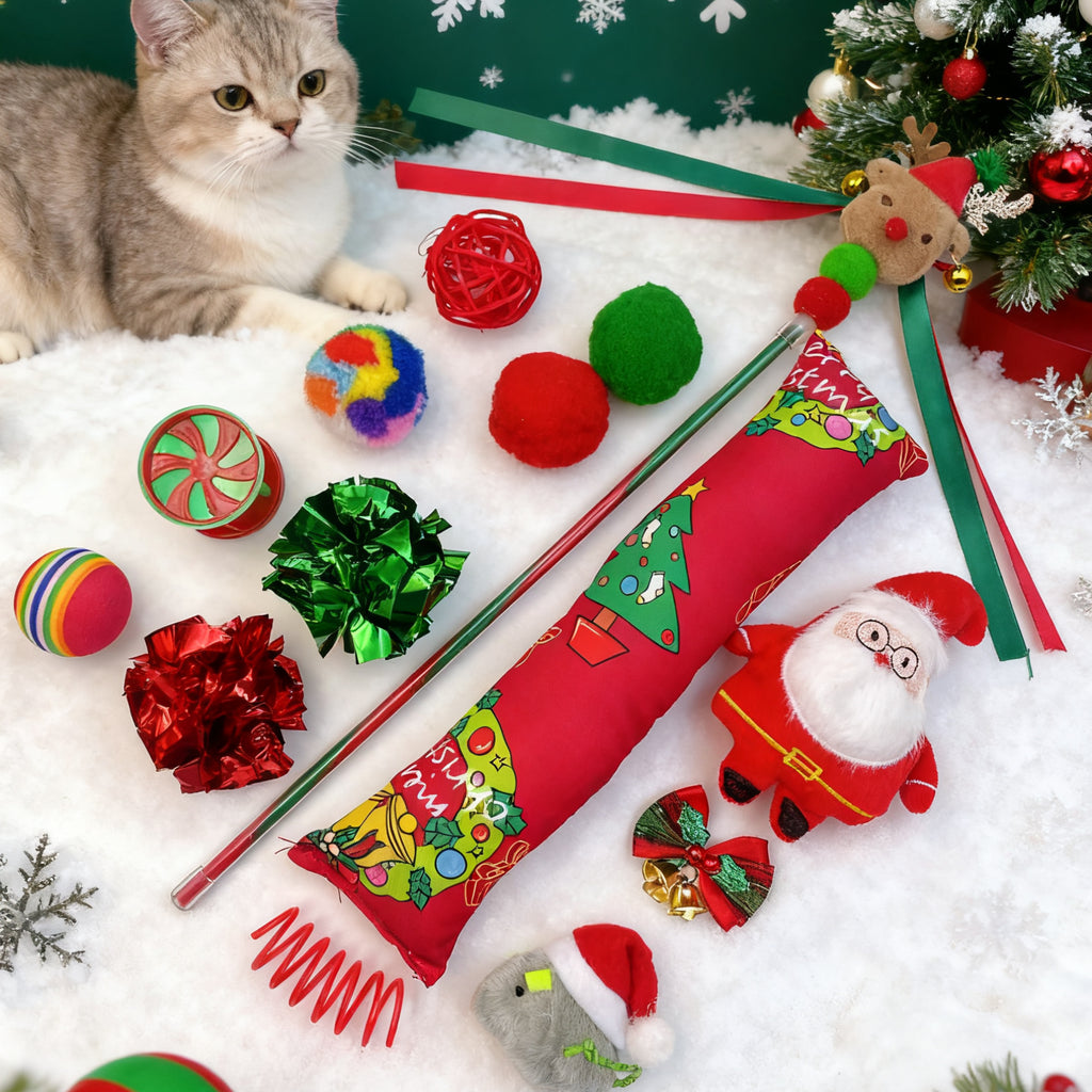 Cat playing with Christmas-themed cat toys on a snowy background