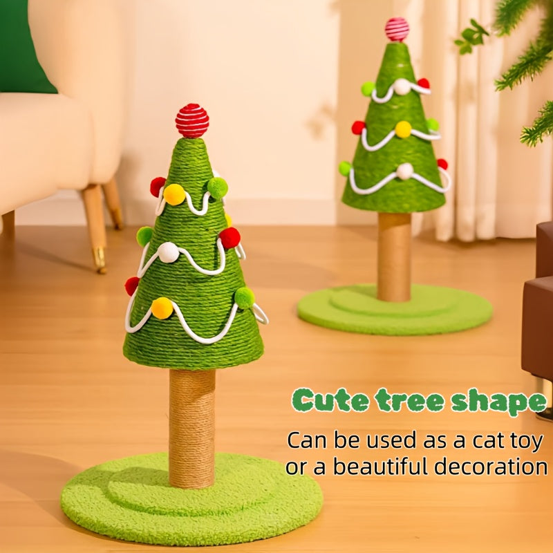 Green cat tree with decorative elements on a wooden floor.