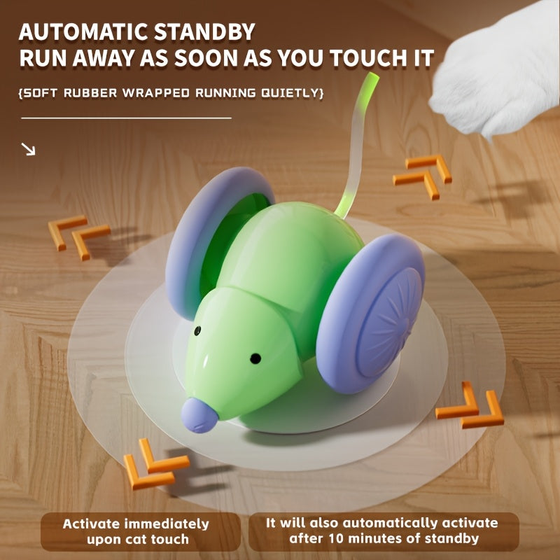 Toy mouse with purple wheels on a wooden surface, featuring text about automatic standby and touch activation.