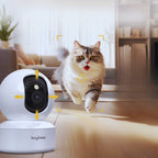 Cat walking towards a smart camera with 'boykeep' branding on a wooden floor.