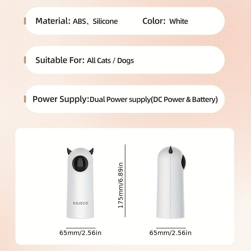 Product details of a white electronic device with text on material, color, suitability for pets, power supply, and dimensions.