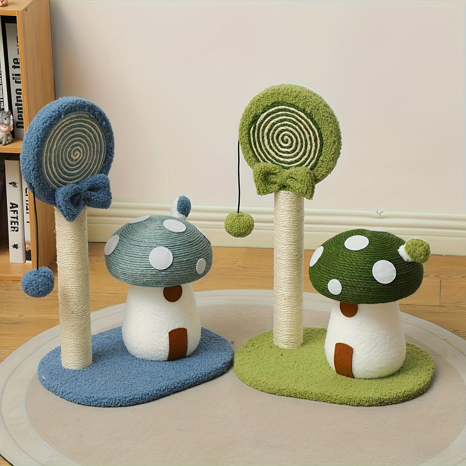 Two mushroom-shaped cat toys with scratching posts on a wooden floor.