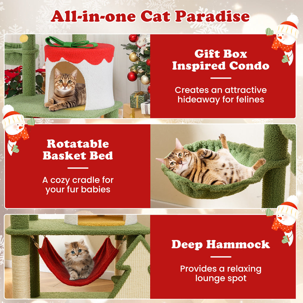 Cat paradise product with rotating basket bed, deep hammock, and gift box inspired condo.