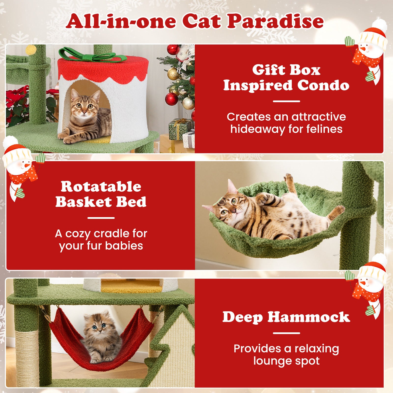 Cat paradise product with rotating basket bed, deep hammock, and gift box inspired condo.