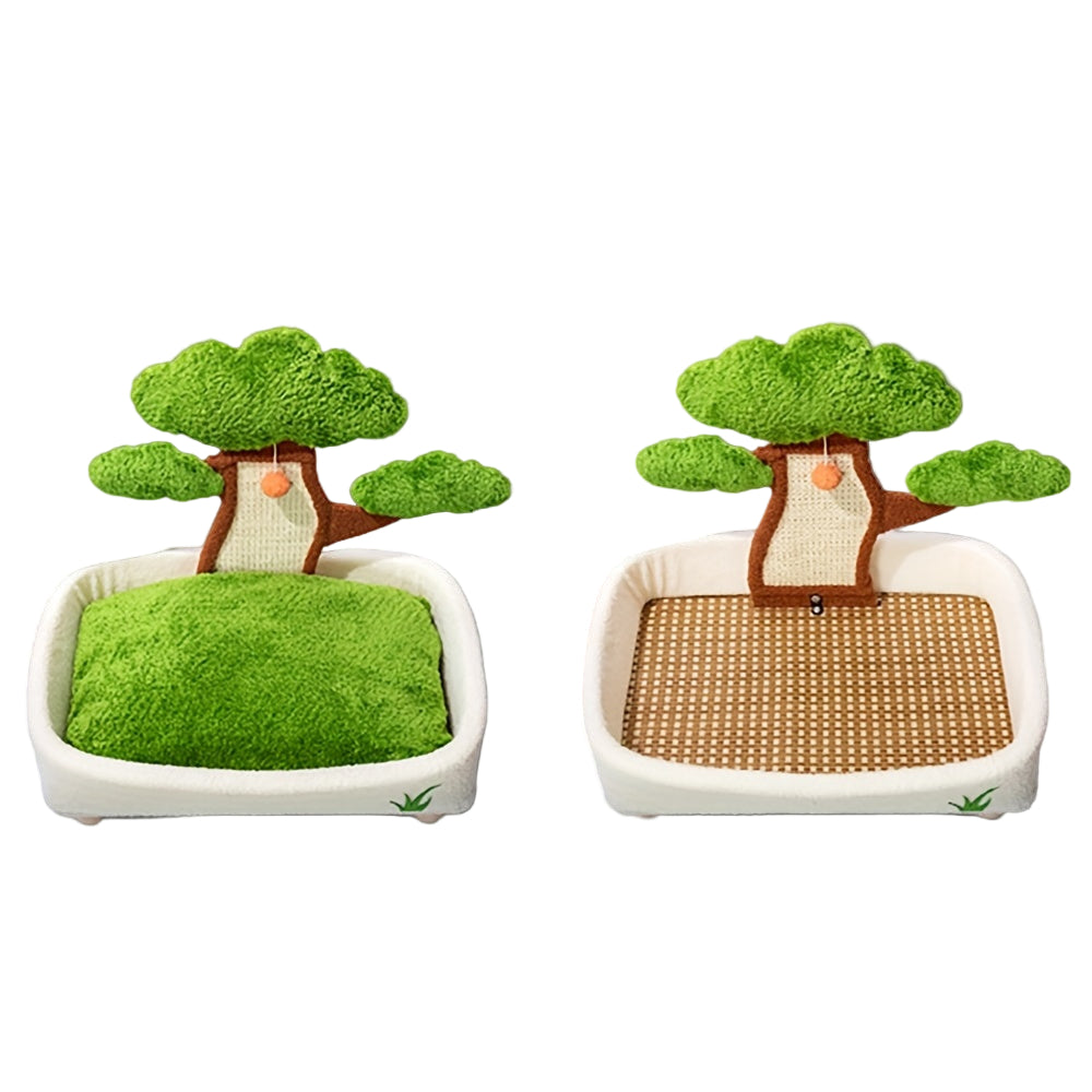 Two tree-shaped pet beds with different textures on a light blue background.